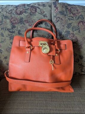 Michael Kors Orange Leather Tote with Gold Hardware and MK Charm